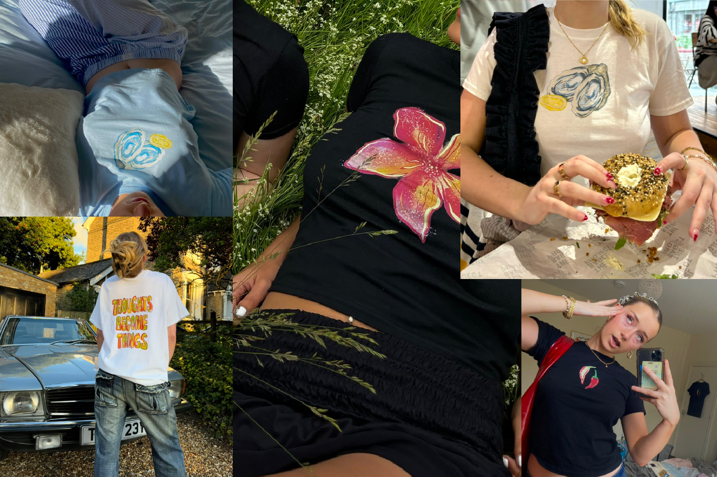 Collage of various images including a person with a floral design on their shirt, a car, and other casual scenes. Stella's studios graphic tees